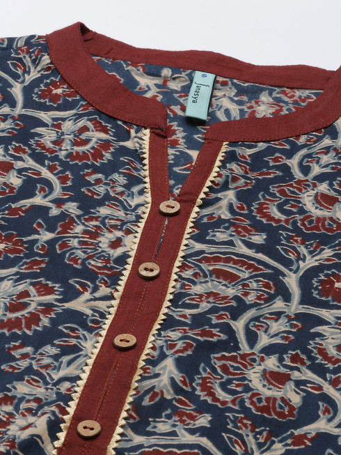 Teal Blue Cotton Floral Print Kurta with Pant and Dupatta